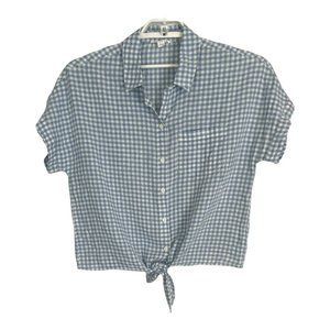 Beachlunchlounge Womens Shirt Size Large L Blue Plaid Button Tie Short Sleeve